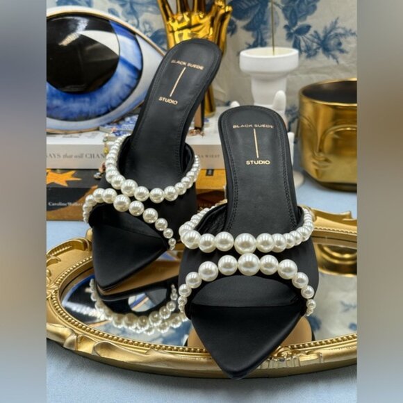 🆕 BLACK SUEDE STUDIO 🧿 NWOB Gigi 80 Pearl Black Satin Mule Sandals, Sz 40 US 9 - Picture 9 of 16